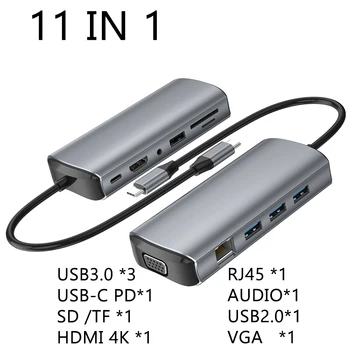 11 в 1 USB C Концентратор Type C RJ45 Адаптер Док-станция 4K HDMI-совместимая PD Ethernet SD/TF Карта Для Ноутбука MacBook Air