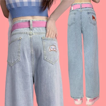 Kawaii Sanrio My Melody Jeans Cinnamoroll, Мультяшные Свободные Брюки с высокой талией и прямыми штанинами, Милые Повседневные универсальные шаровары в стиле ретро
