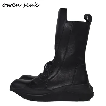 Мужская обувь Owen Seak, Высокие ботинки на платформе, Женские кроссовки из натуральной кожи, Роскошные Кроссовки, Повседневная Черная обувь на шнуровке и молнии