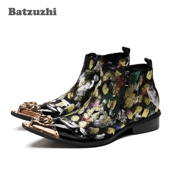 Batzuzhi/Мужские Ботильоны из натуральной кожи, Новые мужские Ботинки с острым металлическим носком, мужские ботинки с цветочным Принтом, Модные мужские Боты