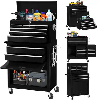 Ящик для инструментов Aukfa, стальной ящик для инструментов с 8 выдвижными ящиками и шкаф на колесиках для мастерской в гараже, черный