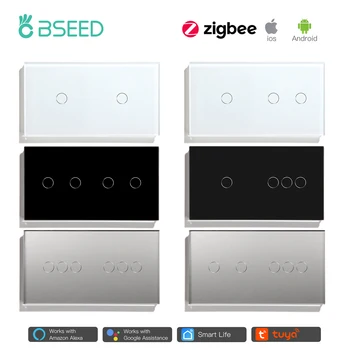 Bseed Zigbee 2/3/4/5/6 Gang Smart Light Сенсорный Выключатель Single Live Стандарт ЕС Tuya Smart Life Google Control Хрустальная Стеклянная Панель