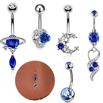 Благородное Синее кольцо для пирсинга пупка с цирконом, Сексуальное кольцо для пирсинга пупка, сердечко, бар для пирсинга живота, Пирсинг пупка для женщин, Омблиго