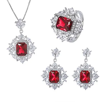 Винтажные серьги-капли с рубиновым драгоценным камнем/кольца/Ожерелье с высокоуглеродистым бриллиантом, Свадебный набор ювелирных украшений, подарок для женщин