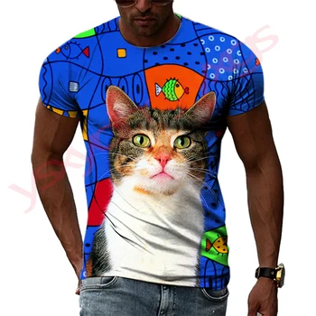 Летний тренд, мужские футболки с милым рисунком кота, повседневные футболки с 3D принтом в стиле хип-хоп Харадзюку, футболки с круглым вырезом, свободный топ с коротким рукавом