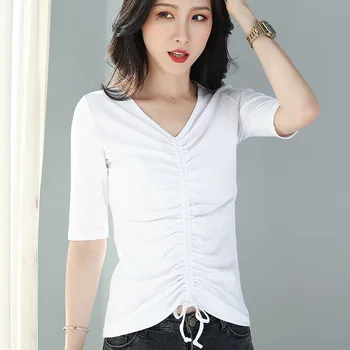 Женская весенне-летняя футболка с V-образным вырезом, Черные, белые женские топы, Хлопковая женская одежда с коротким рукавом, Базовые женские рубашки