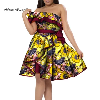 Африканское платье с открытыми плечами Платье без бретелек 2022 Летние Женские Короткие платья с высокой талией Африканская одежда WY8398