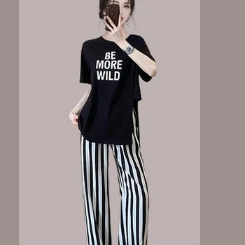 Новый спортивный комплект для отдыха, женская летняя тонкая свободная футболка в стиле уличной моды с разрезом и узкими широкими брюками, комплект из двух предметов