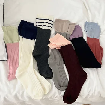 INS/ Новые носки из телячьей кожи в тон, контрастные женские носки в стиле пэчворк, средние носки ярких цветов, студенческие носки в вертикальную полоску