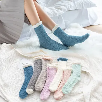 Зимние Теплые пушистые носки ярких цветов для женщин, Носки для сна для девочек, домашние носки для пола, толстые носки для девочек