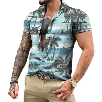 Гавайская рубашка Для мужчин с 3D принтом Кокосовой пальмы, Высококачественная блузка Aloha, Повседневная пляжная футболка, Негабаритная рубашка с коротким рукавом, мужская одежда