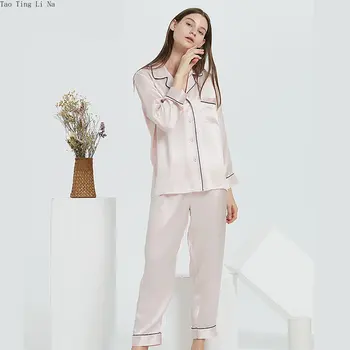Женская шелковая пижама, весенне-осенняя пижама из 100% шелка тутового цвета с длинными рукавами, комплект простой шелковой домашней одежды из двух предметов
