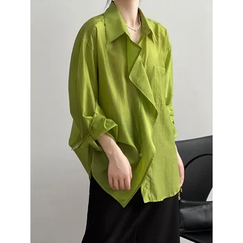 Модная женская рубашка, летняя тонкая солнцезащитная, тонкая, свободная, с лацканами, женский микропроницаемый топ с длинным рукавом