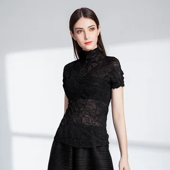 Женская сексуальная прозрачная укороченная футболка модного бренда, черный универсальный топ с коротким рукавом в японском стиле, тонкие плиссированные футболки для леди