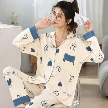 Весенний Пижамный комплект из чистого хлопка для женщин, Пижамный комплект, Свободная Повседневная одежда для сна, Пижама Feminino Mujer, Пижама