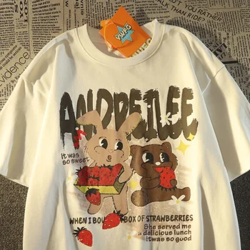 Милые футболки с рисунком Клубничного Кролика и Медведя Y2K, Топы в американском ретро стиле с коротким рукавом, Милая Летняя хлопковая футболка, Свободная Повседневная подростковая