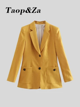 Женский накладной карман Taop & Za украшает удобный льняной пиджак для отдыха с длинными рукавами