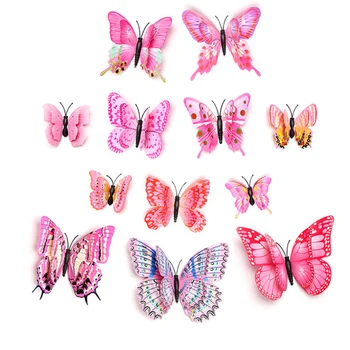 Розовые 3D двухслойные наклейки на стену с бабочками для украшения дома, художественная наклейка, наклейка на стену с бабочками для магнита на холодильник