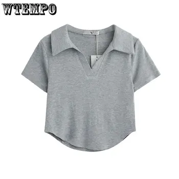 WTEMPO, корейские футболки-поло с коротким рукавом и воротником, Женские летние Новые Тонкие укороченные топы, офисные женские однотонные повседневные рубашки оптом