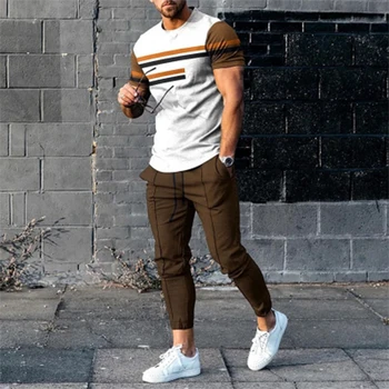 Летняя Мужская новинка 2023, футболка контрастного цвета в супер крупную 3D полоску + брюки, комплект из двух предметов, модная повседневная уличная спортивная одежда Europ