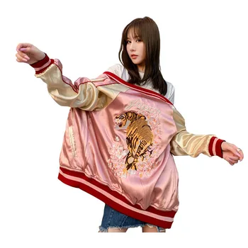 Весенне-осенняя одежда с двух сторон, Роскошная куртка с вышивкой Тигра, женские гладкие атласные бейсбольные повседневные пальто