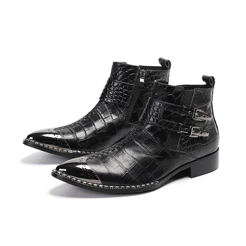 Модные ботинки Челси со стальным носком, Ботильоны ручной работы, Ботильоны с острым носком, черные модельные ботинки из натуральной кожи с пряжкой, Большой размер 47