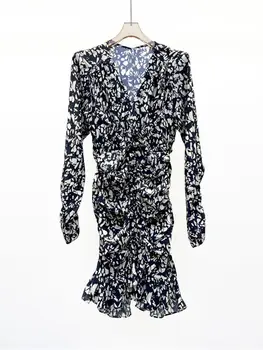 Женское мини-платье контрастного цвета с геометрическим принтом 2023, Весна-лето, V-образный вырез, тонкая талия, женские шелковые плиссированные короткие халаты