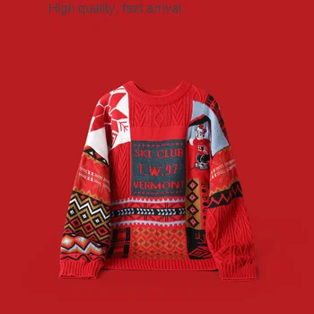 дизайнерская Свободная пара с круглым вырезом из красной ткани, рождественский свитер, рождественский свитер, свитер с печатью, свитер с печатью