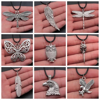 Ожерелье с животными Винтажного Античного Серебряного цвета, подвеска в виде Стрекозы, бабочки, Совы, крыла из перьев, птицы, Орла, черная кожаная цепочка