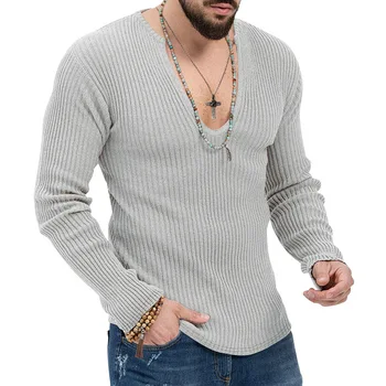 Мужская хлопчатобумажная верхняя рубашка, модная весенне-осенняя мужская новая однотонная трикотажная рубашка с длинными рукавами и глубоким V-образным вырезом