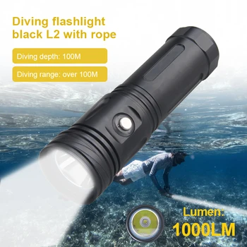 Светодиодный фонарик для дайвинга L2, водонепроницаемый для погружения под воду, 100 метров, светодиодный фонарь, использование батареи 26650 18650, USB-кабель, Канат для дайвинга