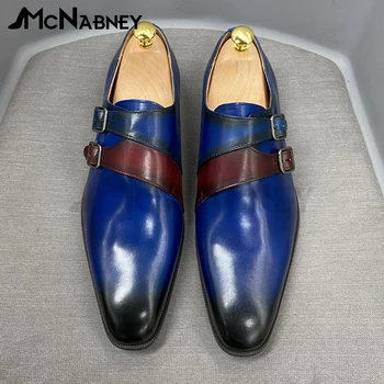 Мужские модельные туфли с пряжкой в цветном блоке, деловая повседневная обувь в британском стиле в стиле ретро, Роскошные мужские свадебные туфли без застежки с острым носком
