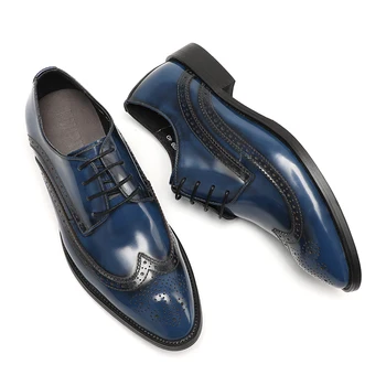 Мужская Официальная Деловая кожаная обувь, мужская модельная обувь из натуральной кожи, черные, Синие Свадебные оксфорды на шнуровке, Дизайнерские мужские туфли с перфорацией типа 