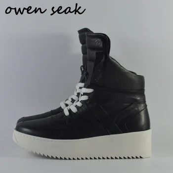 Owen Seak/Мужская обувь; Ботильоны с высоким берцем из натуральной кожи; Роскошные кроссовки; Повседневные ботинки на плоской подошве со шнуровкой; Непромокаемые ботинки Черного Цвета; Большой Размер