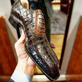 Туфли-Оксфорды, Мужская обувь из искусственной кожи с цветными блоками, Классические Деловые Повседневные модельные туфли в стиле Ретро с крокодиловым узором на шнуровке