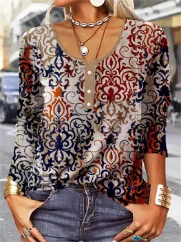 Женская осенне-зимняя свободная футболка с длинными рукавами и геометрическим цветком, U-образный вырез, пуговицы, женские топы, женская одежда