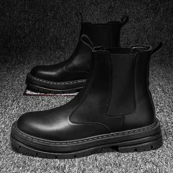 2023 Классические Черные Кожаные Ботильоны; Мужские Осенне-зимние Нескользящие мужские ботинки 