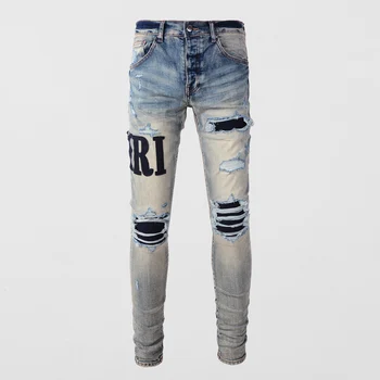 Высокие уличные модные мужские джинсы в стиле Ретро, Выстиранные Синие Эластичные Обтягивающие Рваные джинсы, Мужские брендовые дизайнерские джинсовые брюки в стиле хип-хоп Hombre