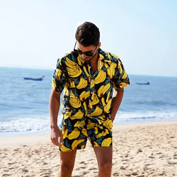 Горячие мужские летние комплекты, Модная пляжная рубашка и шорты