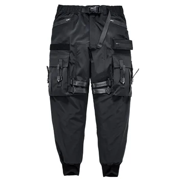 Модные черные брюки-карго, мужские брюки-карго в стиле хип-хоп Оверсайз, японская уличная одежда в стиле Харадзюку, Летний карман с лентой
